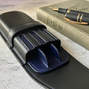 Black Sapphire Leather 3 Pen Case, Leather Triple Pen Case, Leather Fountain Pen Case, Pencil Case, Pen Divider