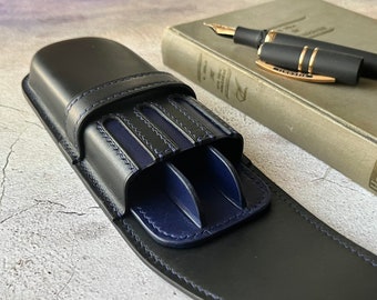 Black Sapphire Leather 3-Pen Case: Luxury Personalized Fountain Pen Holder