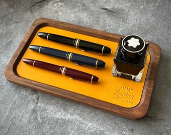 Plateau en cuir et bois, porte-stylos en cuir, organiseur de bureau, porte-stylos en bois.