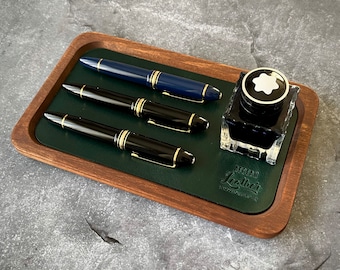 Leather Wood Tray, Leather Pen Tray, Desktop Organizer, Wood Pen Tray.