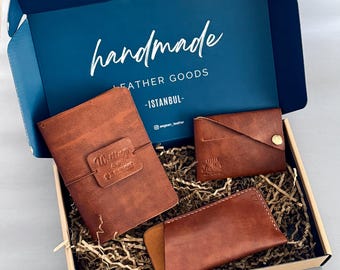 Handmade Leather Gift Box Set: Notebook, Wallet, Glasses Case