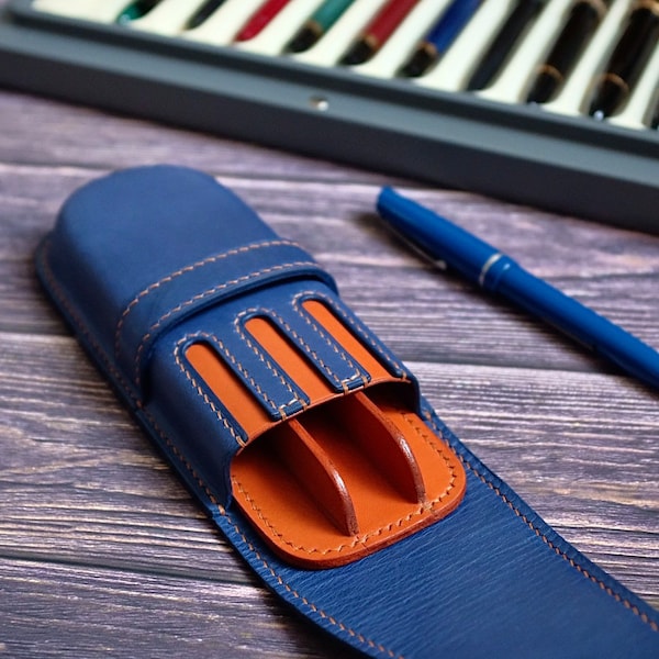 Blue Ocean Leather 3 Pen Case, Leather Triple Pen Case, Leather Fountain Pen Case, Pencil Case,