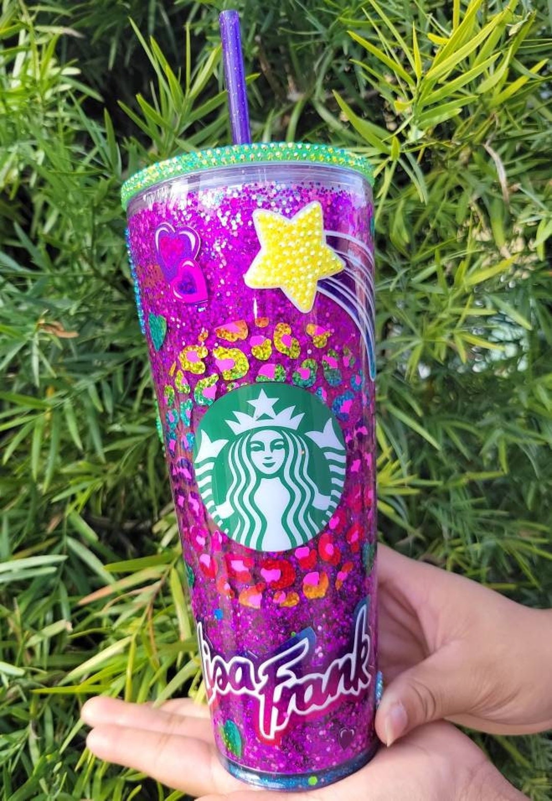 Lisa Frank Starbucks Glass Can Snow globe Tumbler | Rhinestone Lid |  Tumbler with Glass Straw and Lid | 16oz Glass Can | Pink Glass Can