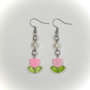 Pink Tulip Pearl Dangle Earrings - Handmade Floral Jewelry, Cute Spring Accessory
