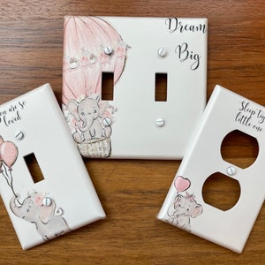 Pink Baby Elephant light switch plate cover // Dream Big // safari baby's nursery room // balloons FAST SHIP!