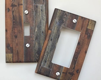 Rustic Wood Light Switch Plate Cover // dark brown FAUX wood-like image #74 // FAST SHIP!