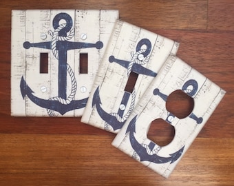 Nautical anchor rustic light switch plate cover // blue off white // FAST SHIP!