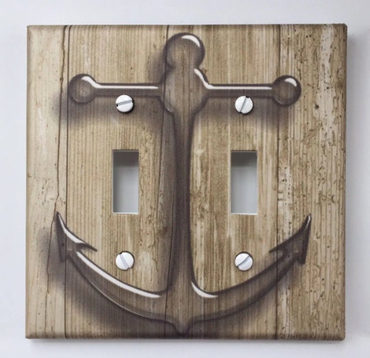 Nautical Anchor Rustic Wood Look Light Switch & Outlet Wall Plate — Blue, Decorative, For Home Decor