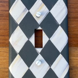 Black check cream white light switch plate cover // vintage harlequin black check checkered // FAST SHIP!