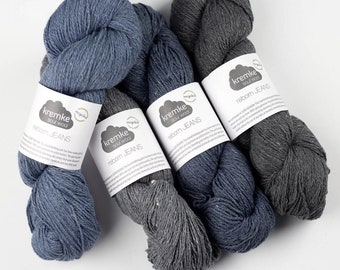 Kremke Soul Wool REBORN JEANS Hilo de algodón Lana LL 100 g 300 m, Colores a elegir: Azul Negro Denim Claro Medio Oscuro Tejer Ganchillo