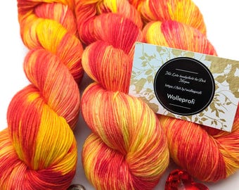 Hand-dyed sock yarn 4-ply 100g/420 m "Sunny Afternoon" yellow red socks scarves accessories knitting crochet mulesing-free handdyed yarn