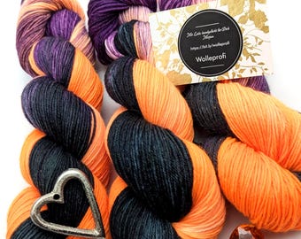 Hand-dyed sock yarn 4ply High Twist 100g/400m LL Merino extrafine - "Halloween Night" Orange neon knitting mulesing-free hand-dyed