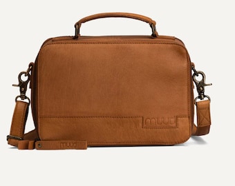 muud Lilly project bag made of high-quality leather, handmade shoulder bag, color black whiskey, knitting, crocheting, handmade, elegant