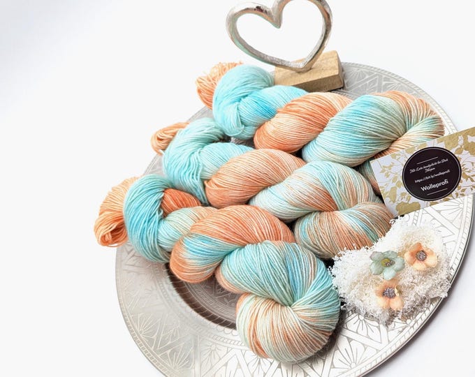 Featured listing image: Hand-dyed sock yarn 4-ply 100g/420 m "Holiday Feeling" light blue soft red socks scarves knitting crochet mulesing-free hand-dyed yarn