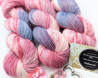 Hand-dyed sock yarn 4-ply Lazy Lion SockYarn 100g/420 m LL Merino extrafine "Pink Phantasy" pink purple white knitting mulesing-free