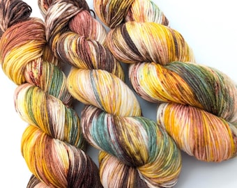 Hand-dyed sock yarn 4ply High Twist 100g/400m LL Merino extrafine - "Sunny Autumn" brown green natural knitting mulesing-free hand-dyed