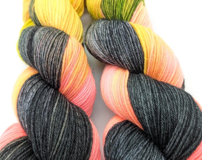 Featured listing image: Hand-dyed sock yarn 4ply High Twist 100g/400m Merino extrafine - "Trick or Treat" pink black yellow knitting mulesing-free hand-dyed