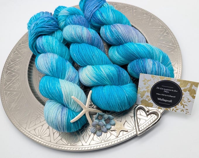 Featured listing image: Hand-dyed sock yarn 4-ply 100g/420 m "South Sea" turquoise blue socks scarves knitting crochet mulesing-free handdyed yarn