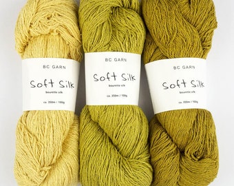 BC Garn SOFT SILK edel fein weich 100 % reine Seide Bourette 100 g / 350 m Strang Stricken Häkeln - Farbe wählen - Tücher Pulli Shirt