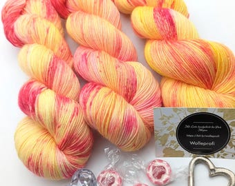 Hand-dyed sock yarn 4-ply 100g/420 m "Candy Sweets" 3 pink yellow Speckles socks scarves accessories knitting mulesing-free handdyed yarn