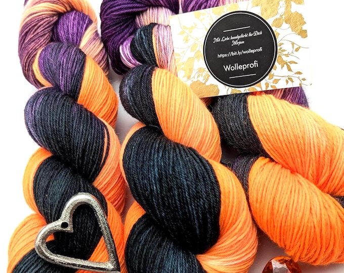 Featured listing image: Hand-dyed sock yarn 4ply High Twist 100g/400m LL Merino extrafine - "Halloween Night" Orange neon knitting mulesing-free hand-dyed