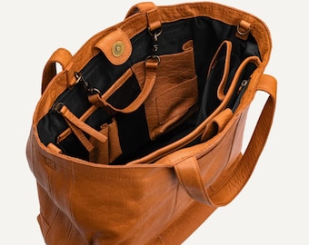 muud Hiba project bag made of high-quality leather, handmade shoulder bag, color black, whisky, rich brown, knitting, crocheting, handcrafted, classy