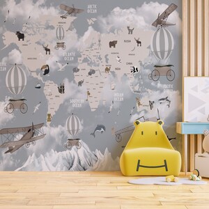 Map Wallpaper, Kinderzimmer Weltkarte, Weltkarte, selbstklebende Wanddeko, Wandbild, Tiere, Weltkarte, Lernkarte