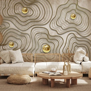 Lijnkunstbehang, Gouden behang Geometrisch behang, Abstract behang, Peel en Stick Wallpaper, Tijdelijk behang