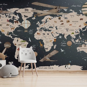 Map Wallpaper, Kinderzimmer Weltkarte, Weltkarte, selbstklebende Wanddeko, Wandbild, Tiere, Weltkarte, Lernkarte