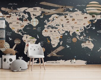 Animals World Map Wallpaper, Peel and Stick Mural, Nursery Decor