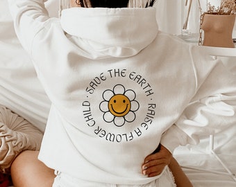 Felpa con cappuccio "Rispetta tua madre" / "Salva la Terra", "Figlio dei fiori", vestibilità oversize
