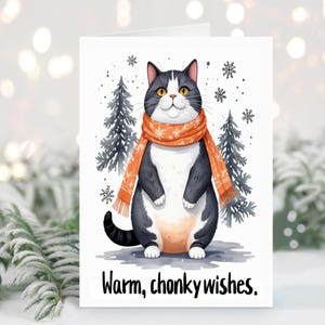 Warme, dikke wensen dikke kat met een wintersjaal kerstkaart, Chubby Cat vakantiewenskaart, kattenliefhebberkaart, grappige kerstkaart