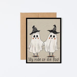 Mon tour ou meurt huée ! Meilleur ami fantôme portant des chapeaux de sorcière, carte d'Halloween de style rétro vintage, cadeau meilleur ami