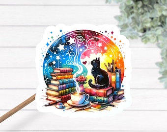 Pegatina laminada térmica para amantes de la literatura: gato negro colorido, café y montones de libros. Pegatina para amantes de los libros. Pegatina de bruja. Pegatina para amantes de los gatos.