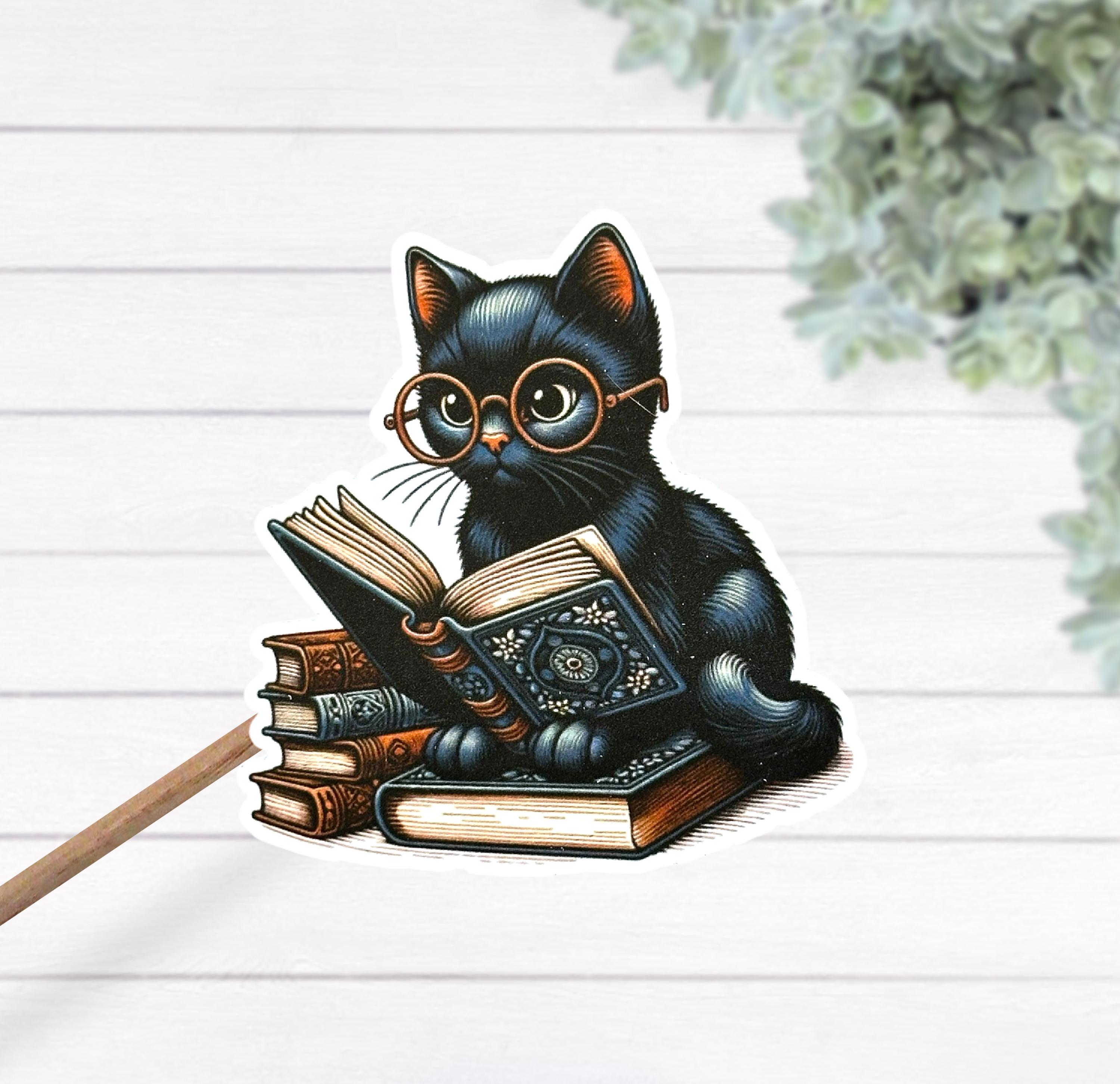 Black Cat Wearing Glasses Reading A Book Thermal Laminated
