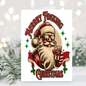 Feliz Natal Vintage Papai Noel Segurando Um Coquetel Cartão de Natal, Em Branco Por Dentro, Cartão de Saudações de Natal, Humor Adulto