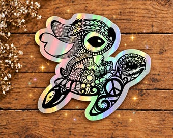 Stich reiten eine Meeresschildkröte Mandala holografische wasserfest holografische Vinyl-Aufkleber, Mandala-Lap-Top-Aufkleber, Disney inspiriert Geschenk