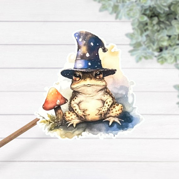 Toad Wearing A Witch Hat and Mushroom Thermal Laminated Waterproof sticker,  Witch Gift, Frog Sticker