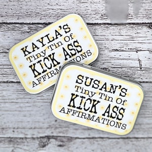 Lata pequeña personalizada con afirmaciones geniales, afirmaciones groseras, 31 tarjetas con afirmaciones geniales.
