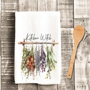 Kitchen Witch Drying Herbs Waffle Weave Towel, Housewarming Gift, Witch Gift