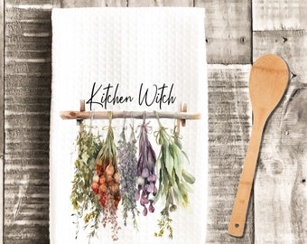 Kitchen Witch Drying Herbs Waffle Weave Towel, Housewarming Gift, Witch Gift