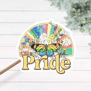 バタフライ レトロ サンセット プライド 防水ラミネートステッカー、ヴィンテージスタイル、LGBTQ、ゲイ プライド ステッカー