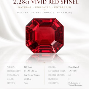 2,28 ct leuchtend roter natürlicher Spinell | Unbehandelter Burma-Mogok | Achteckiger Stufenschliff | Doppelt zertifiziert (GFCO + Solution Gem Lab) | Sammleredelstein