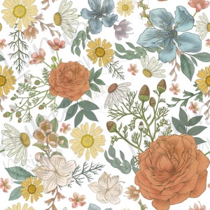 Vintage Coral and Turquoise Floral Seamless File // Vintage Wildflower Floral // Chamomile Floral Print // Baby Girl Spring Seamless