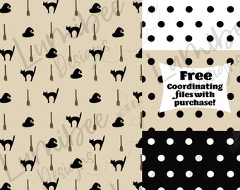 Boho Minimalist Halloween Seamless // Boho Halloween Seamless File // Girl Halloween Seamless // Minimalist Witch and Black Cat Seamless