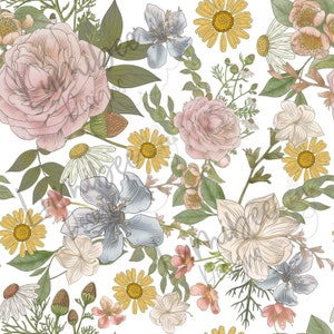 Vintage Olive and Blush Floral Seamless File // Vintage Wildflower Floral // Chamomile Floral Print // Baby Girl Spring Seamless
