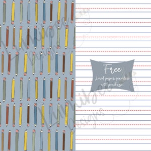 Boy Seamless File Back to School // Back to School Seamless Pencil School Supplies // Neutral Seamless Print // Lined Paper Seamless