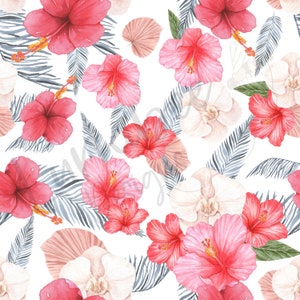 Floral Seamless File // Summer Tropical Hibiscus Seamless Floral // Hibiscus and Navy Palm Floral Print // Baby Girl Summer Seamless