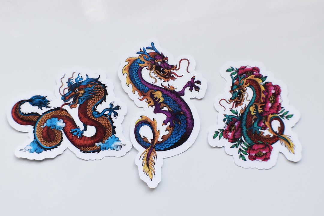 Japanese Dragon Sticker Pack of 3 Die Cut Laminated Vinyl Water