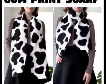Bufanda con estampado de vaca / Patrón de crochet / Tapiz de crochet / Accesorios de invierno y otoño / Lindo proyecto hecho a mano / Estampado animal / Regalos de vaca / DIY